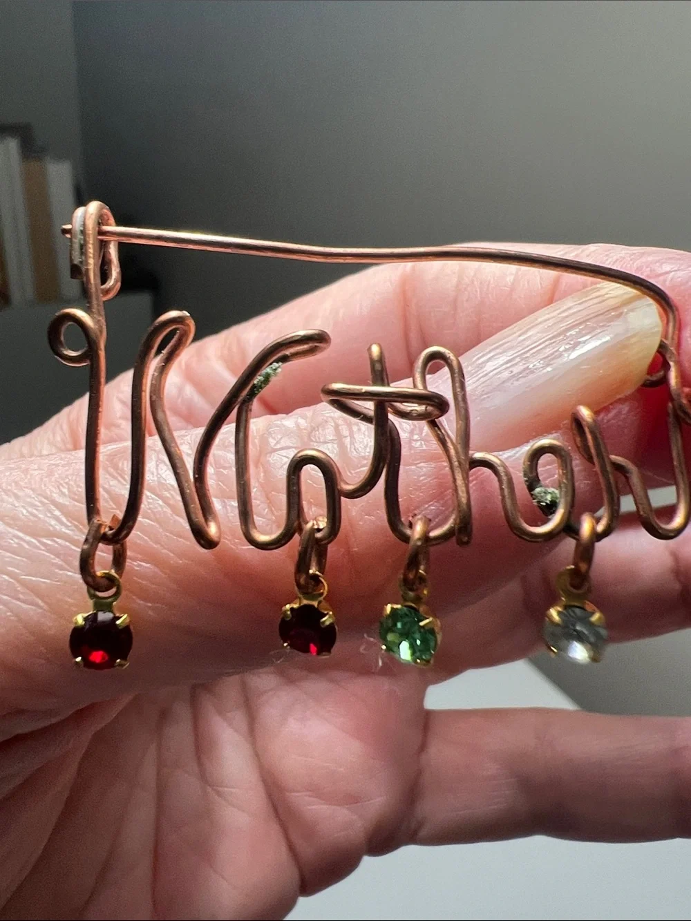 Vintage Copper 'Mother' Wire Brooch Pin with Colored Crystal Drops